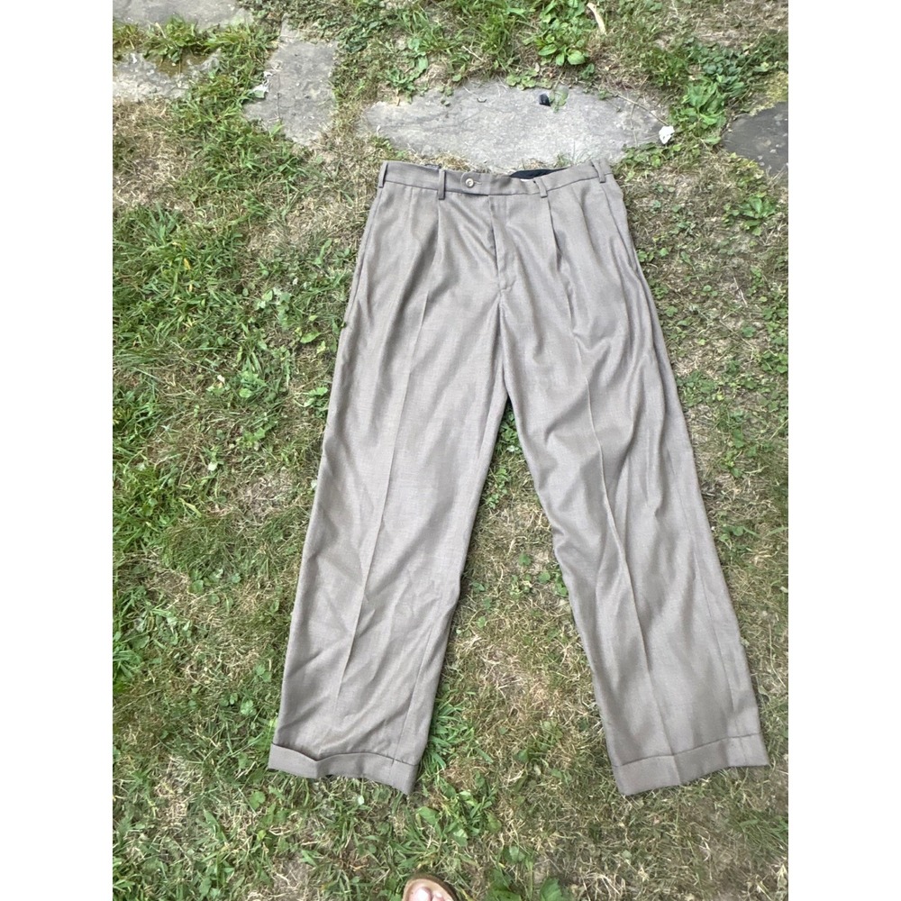 Perry Ellis Pleated Dress Pants Mens 38x32 Olive‎ Gray Cuffed